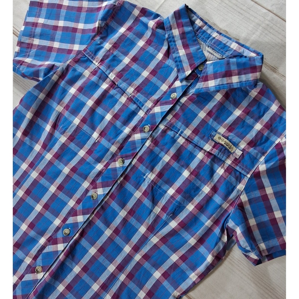 Columbia PFG Tamiami II Women's Large Blue Plaid Omni-Shade Fishing Shirt Sz L